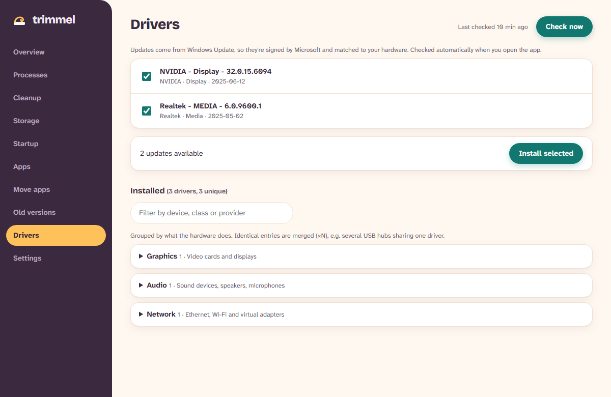 Drivers screen