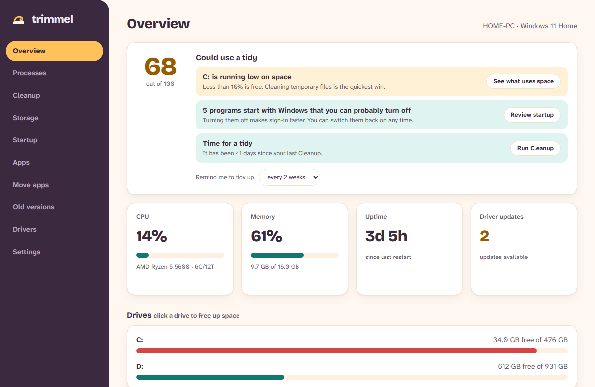 Trimmel overview: a health score of 68 with three suggestions