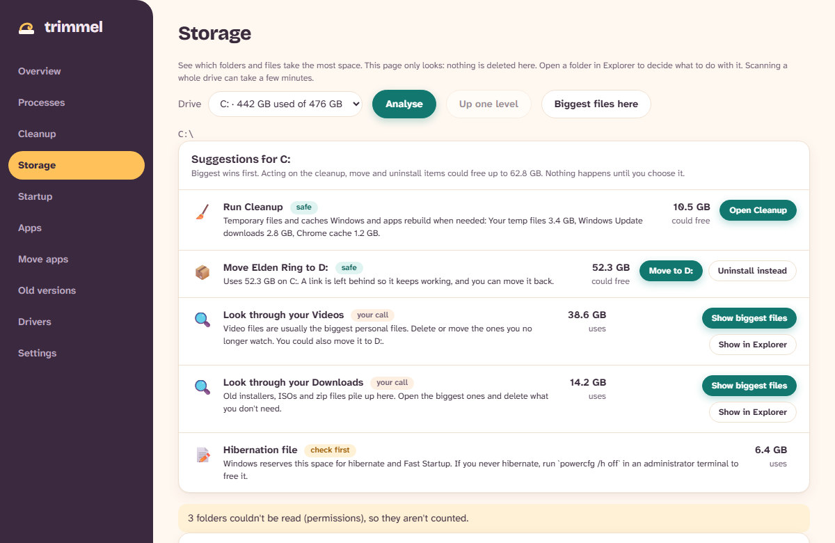 Storage screen with suggestions